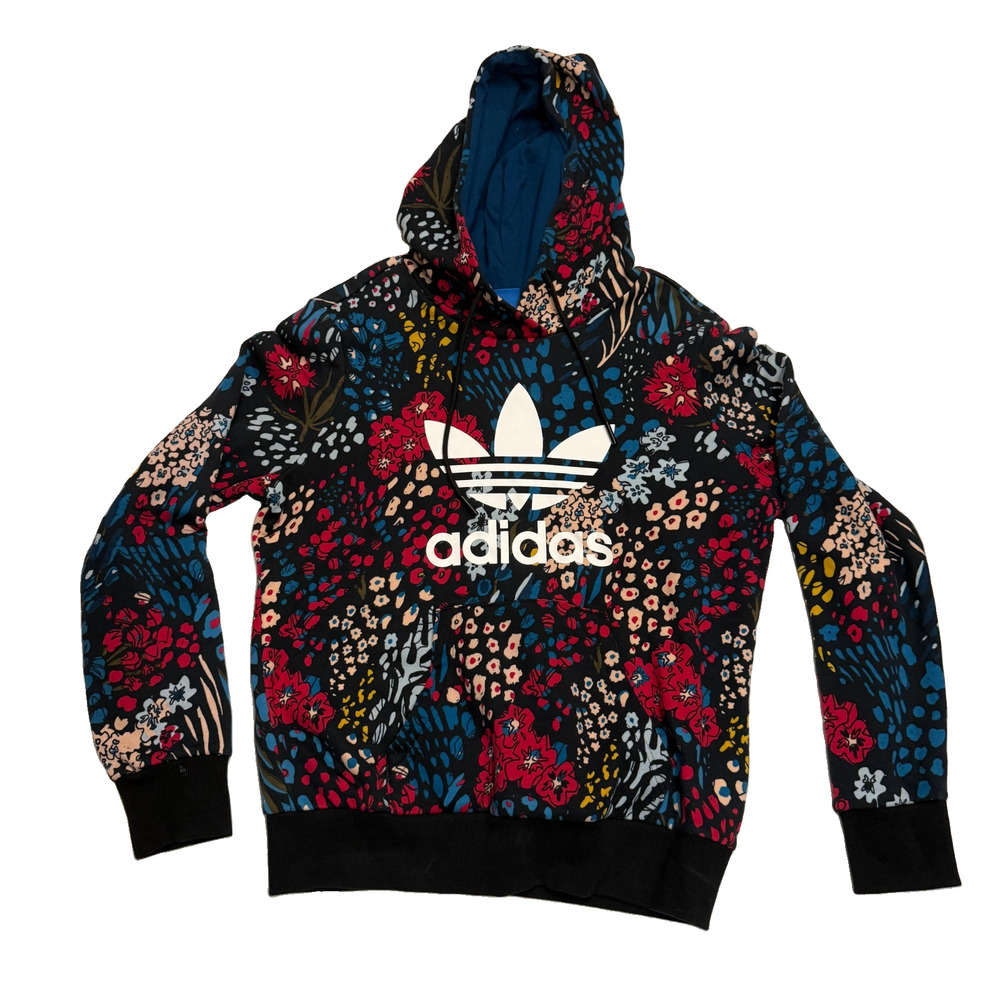 Adidas Originals Womens M Floral Trefoil Logo Pullover Hoodie Black Multicolor